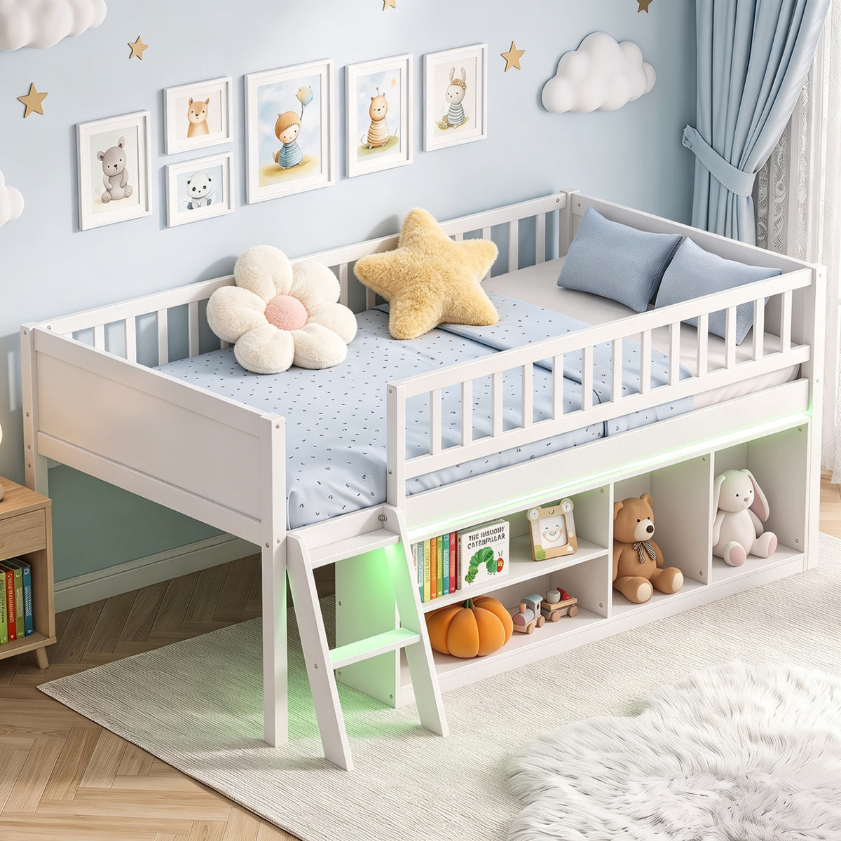 Twin Size Loft Bed with Adjustable LED Lights & Bookshelves and Guardrails for Kids-White view 2