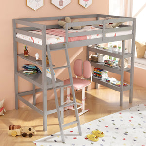 Twin Size Loft Bed with Desk and Bookshelves for Kids and Teens-Gray view 3