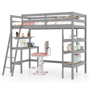 Twin Size Loft Bed with Desk and Bookshelves for Kids and Teens-Gray view 4