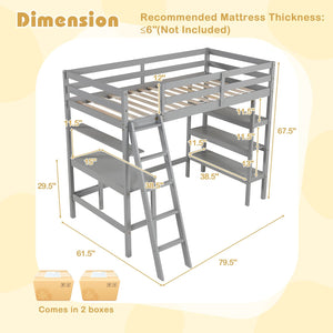 Twin Size Loft Bed with Desk and Bookshelves for Kids and Teens-Gray view 5