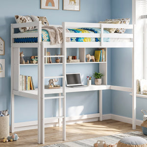 Twin Size Loft Bed with Desk and Shelves for Home Dorm Apartment No Box Spring Needed-White view 3