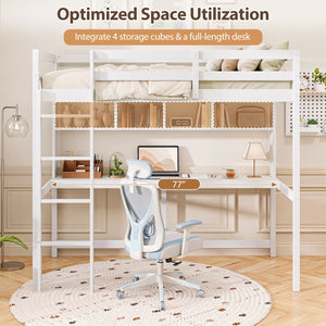 Twin Size Loft Bed with Desk and Shelves for Home Dorm Apartment No Box Spring Needed-White view 6