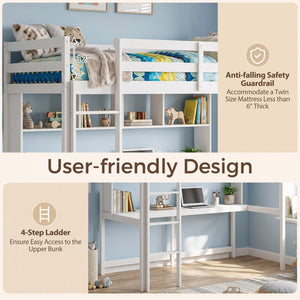 Twin Size Loft Bed with Desk and Shelves for Home Dorm Apartment No Box Spring Needed-White view 8
