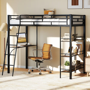 Twin Size Loft Bed with Desk and Shelves for Kids and Home-Black view 3