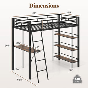 Twin Size Loft Bed with Desk and Shelves for Kids and Home-Black view 4