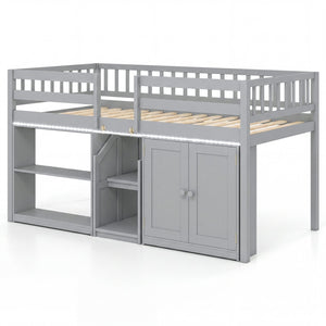 Twin Size Loft Bed with LED Lights and Kids Wooden Bed Frame-Gray
