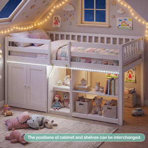 Twin Size Loft Bed with LED Lights and Kids Wooden Bed Frame-White view 6