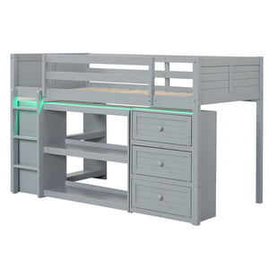 Twin Size Loft Bed with LED Lights and Underbed Space for Kids-Gray