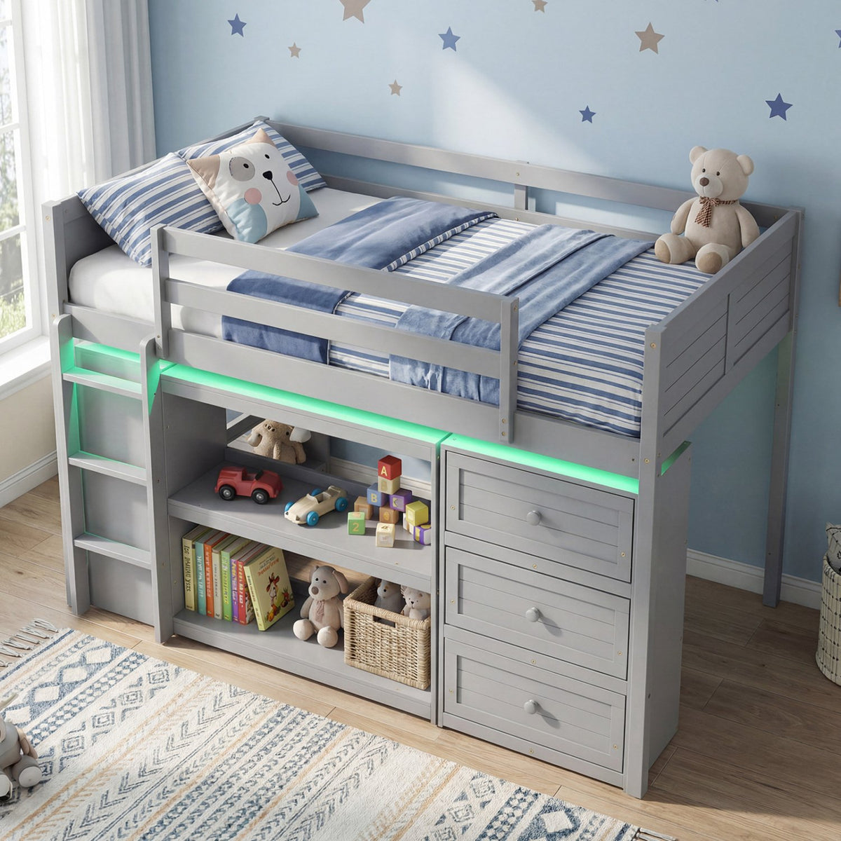 Twin Size Loft Bed with LED Lights and Underbed Space for Kids-Gray view 2