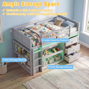 Twin Size Loft Bed with LED Lights and Underbed Space for Kids-Gray view 8