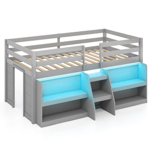 Twin Size Loft Bed with LED Lights with Staircase and Safety Guardrail-Grey