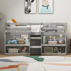 Twin Size Loft Bed with LED Lights with Staircase and Safety Guardrail-Grey view 3