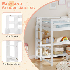 Twin Size Loft Bed with Storage Shelves Full-length Guardrails and Ladder-White view 7