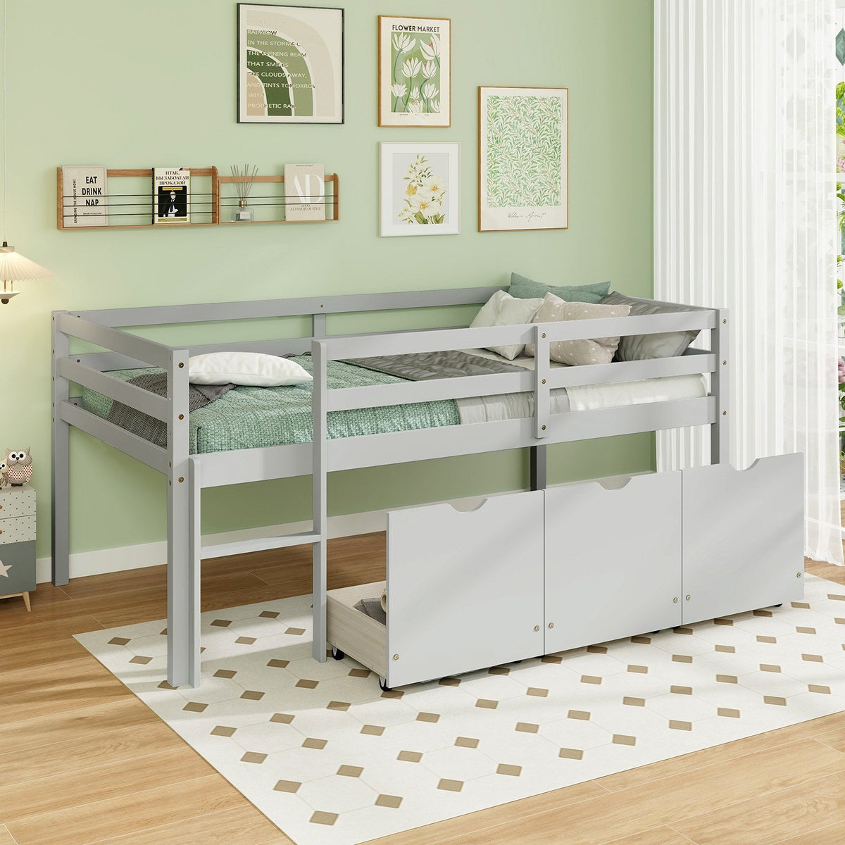 Twin Size Low Loft Bed with 3 Drawers with Ladder and Full-length Guardrails-Gray view 2