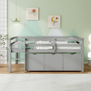 Twin Size Low Loft Bed with 3 Drawers with Ladder and Full-length Guardrails-Gray view 3