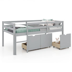 Twin Size Low Loft Bed with 3 Drawers with Ladder and Full-length Guardrails-Gray view 4