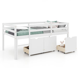 Twin Size Low Loft Bed with 3 Drawers with Ladder and Full-length Guardrails-White view 4