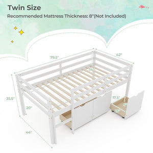 Twin Size Low Loft Bed with 3 Drawers with Ladder and Full-length Guardrails-White view 5
