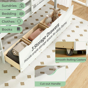 Twin Size Low Loft Bed with 3 Drawers with Ladder and Full-length Guardrails-White view 6