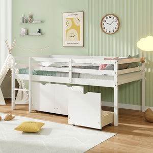 Twin Size Low Loft Bed with 3 Drawers with Ladder and Full-length Guardrails-White view 9