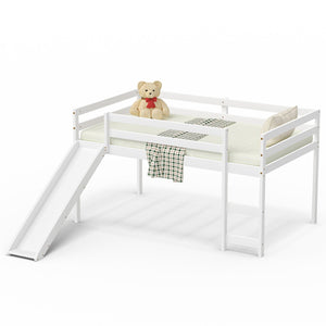 Twin Size Low Sturdy Loft Bed with Slide Wood-White
