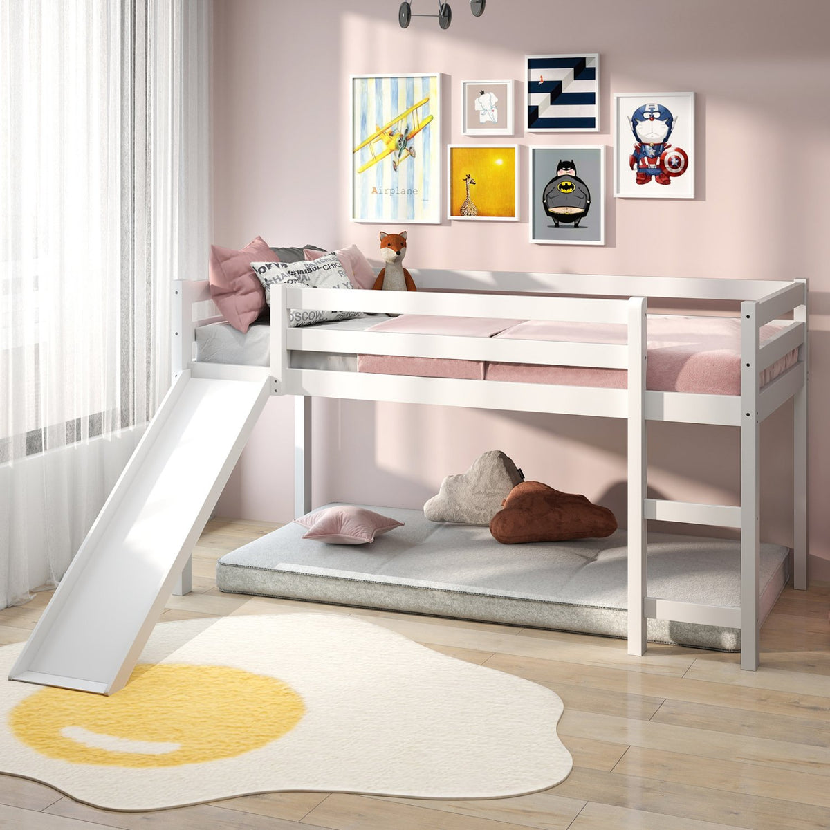 Twin Size Low Sturdy Loft Bed with Slide Wood-White view 2