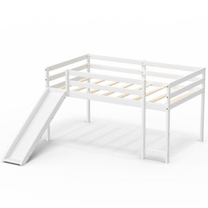 Twin Size Low Sturdy Loft Bed with Slide Wood-White view 4
