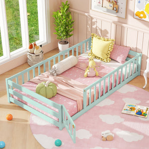 Twin Size Montessori Floor Bed Frame with Full Length Safety Guardrails-Green view 6