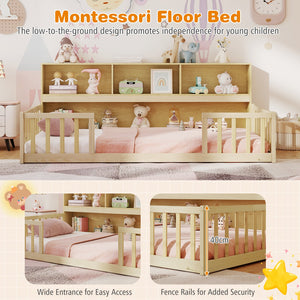 Twin Size Montessori Floor Bed with Bookcase-Natural view 9