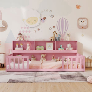 Twin Size Montessori Floor Bed with Bookcase-Pink view 6