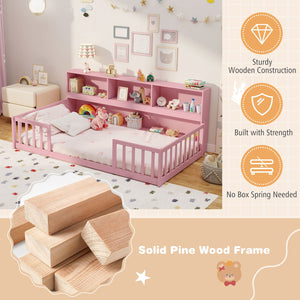 Twin Size Montessori Floor Bed with Bookcase-Pink view 7