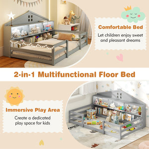 Twin Size Montessori Floor Bed with Storage Compartments and Shelf-Gray view 9
