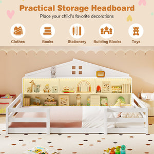 Twin Size Montessori Floor Bed with Storage Compartments and Shelf-White view 6