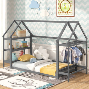 Twin Size Montessori Floor House Bed with Detachable Storage Shelves-Grey view 2