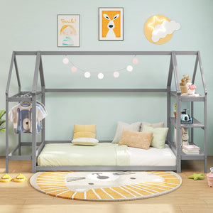 Twin Size Montessori Floor House Bed with Detachable Storage Shelves-Grey view 3