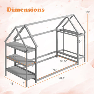 Twin Size Montessori Floor House Bed with Detachable Storage Shelves-Grey view 4