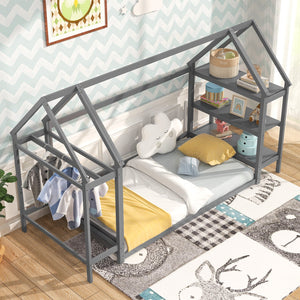 Twin Size Montessori Floor House Bed with Detachable Storage Shelves-Grey view 5