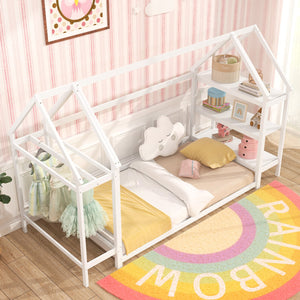Twin Size Montessori Floor House Bed with Detachable Storage Shelves-White view 5