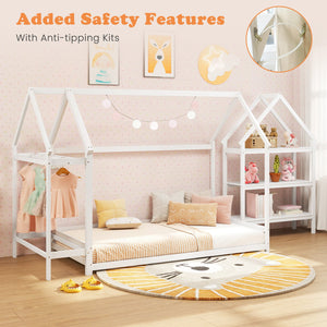 Twin Size Montessori Floor House Bed with Detachable Storage Shelves-White view 8