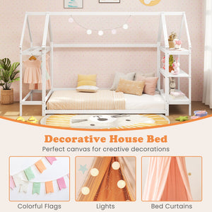 Twin Size Montessori Floor House Bed with Detachable Storage Shelves-White view 9