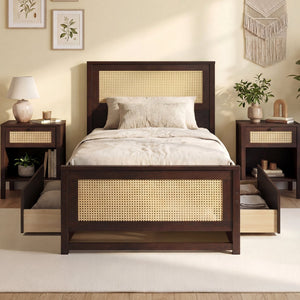 Twin Size Rattan Bed Frame with Storage Drawers-Coffee view 3
