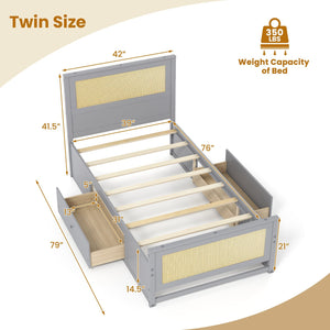Twin Size Rattan Bed Frame with Storage Drawers-Gray view 4