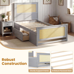 Twin Size Rattan Bed Frame with Storage Drawers-Gray view 9