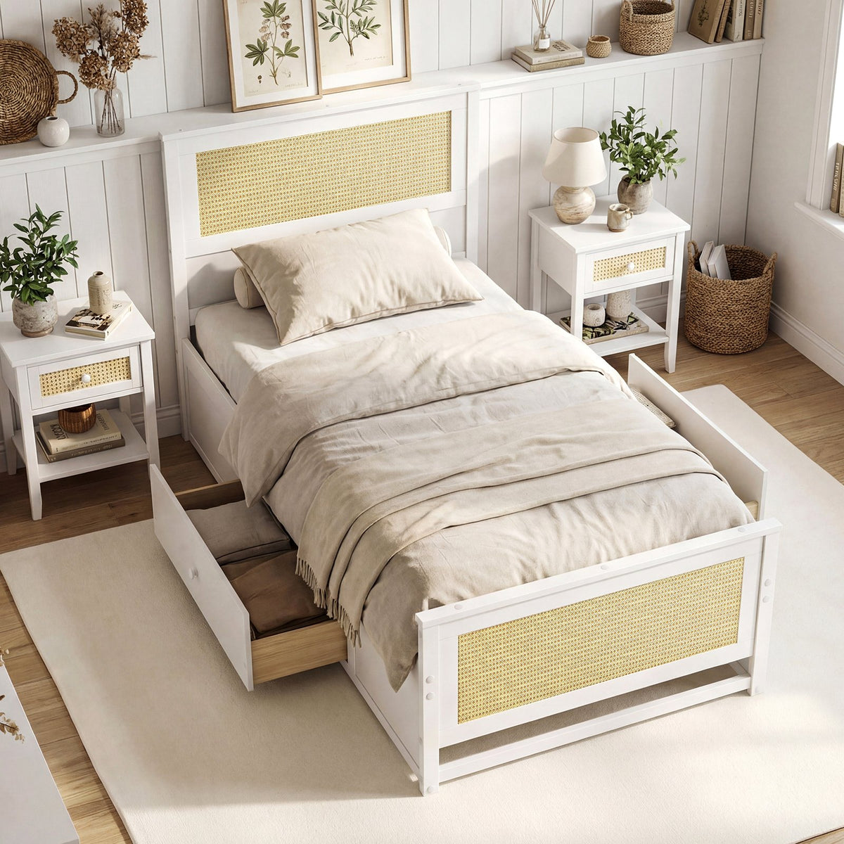 Twin Size Rattan Bed Frame with Storage Drawers-White view 2