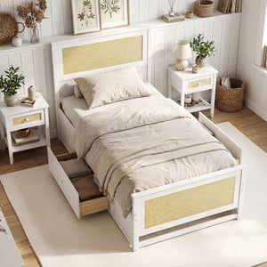 Twin Size Rattan Bed Frame with Storage Drawers-White view 2