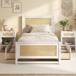 Twin Size Rattan Bed Frame with Storage Drawers-White view 3