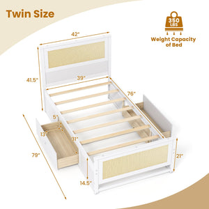 Twin Size Rattan Bed Frame with Storage Drawers-White view 4