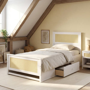Twin Size Rattan Bed Frame with Storage Drawers-White view 5
