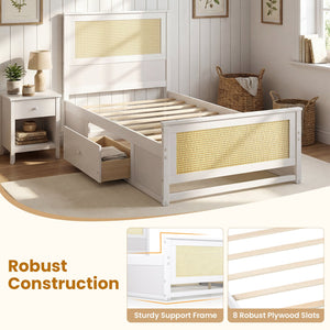 Twin Size Rattan Bed Frame with Storage Drawers-White view 9