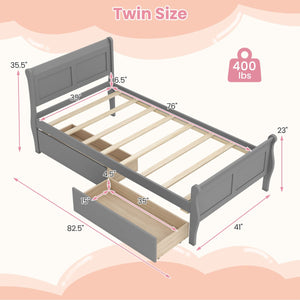 Twin Size Sleigh Bed with 2 Storage Drawers Wood Platform Bed Frame-Gray view 4